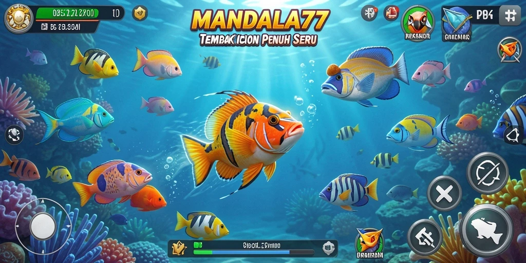 Tampilan gameplay seru MANDALA77 dengan berbagai jenis ikan untuk ditangkap.