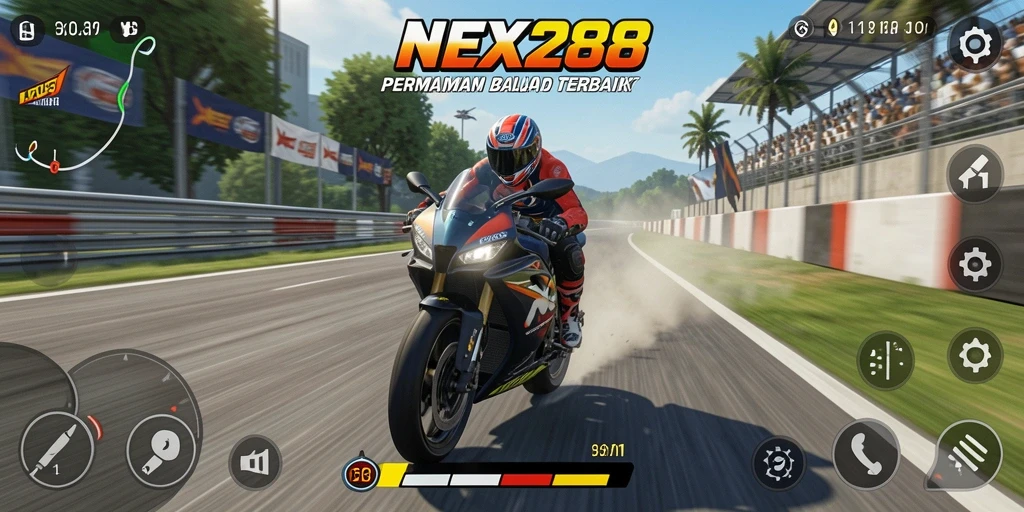 Screenshot permainan NEX288 memperlihatkan aksi balap motor yang cepat dan seru.