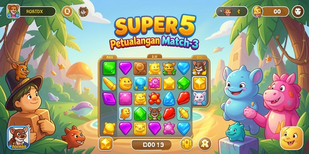 Tangkapan layar gameplay <strong>SUPER5</strong> dengan aksi seru mencocokkan batu permata.