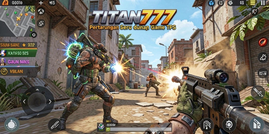 Screenshot utama TITAN777 menunjukkan aksi pertarungan seru di medan perang.