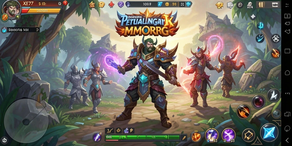 Gameplay XE77 yang menampilkan pertempuran epik dalam dunia MMORPG.